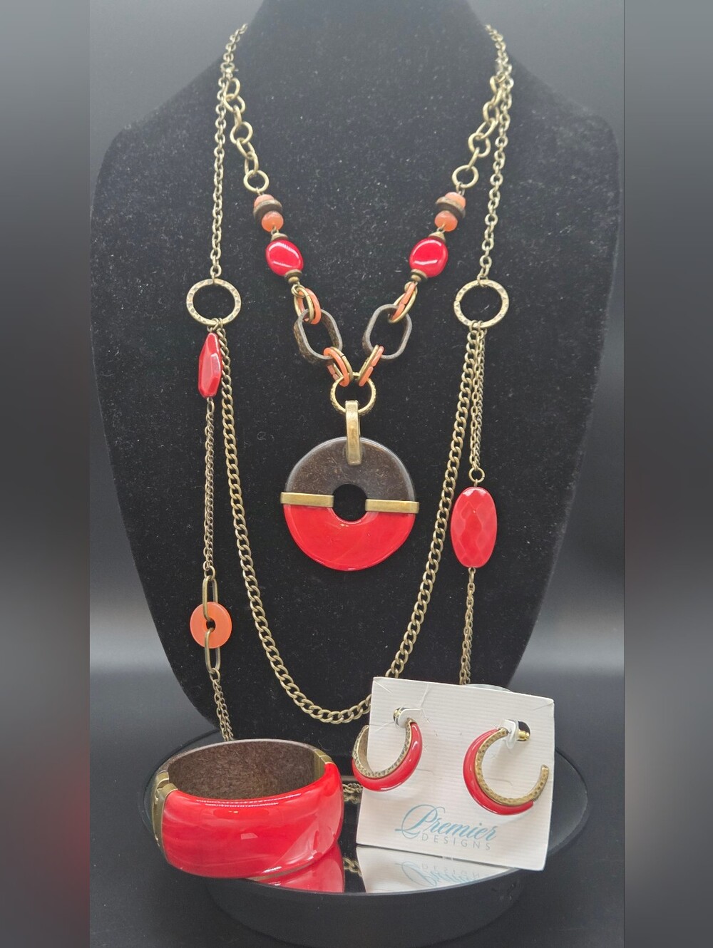 Premier Designs Red and Gold Layered Pendant Necklace Set